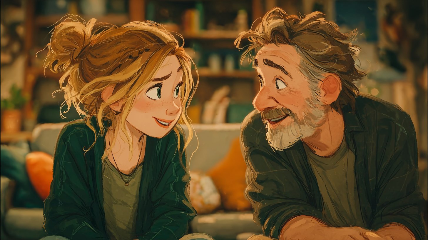 Nahaufnahme von zwei Familienmitgliedern im tiefen Gespräch, Wärme und Verbindung spürbar.