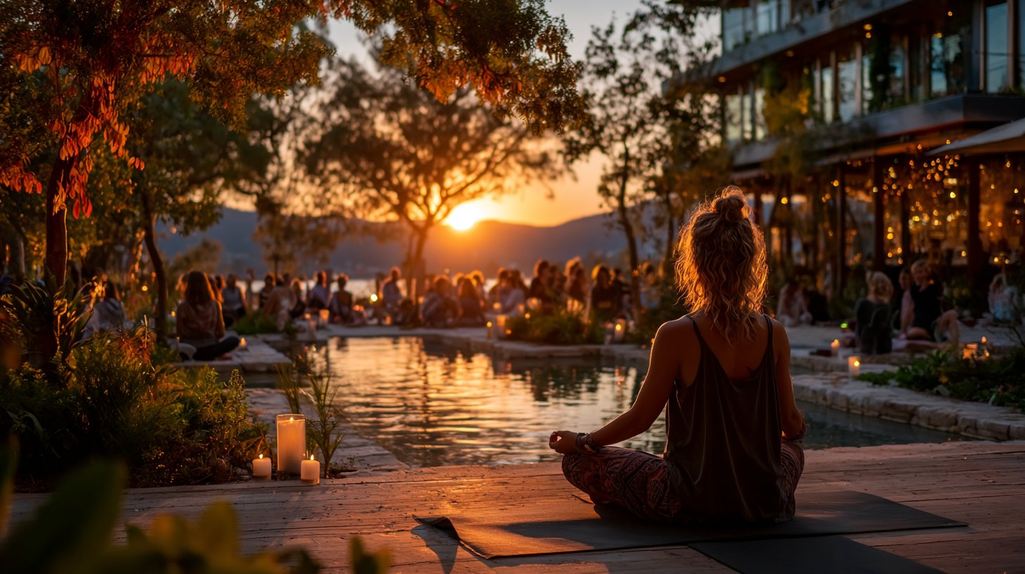 A peaceful outdoor yoga class at sunrise with meditating participants.