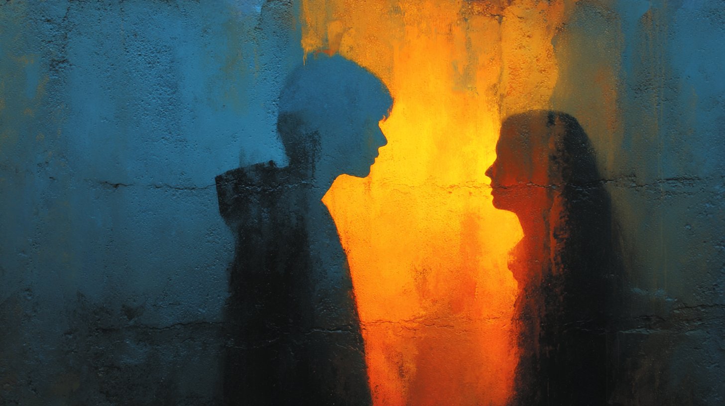 Zwei Silhouetten schauen sich aus der Ferne an, trotz Trennung verbunden.