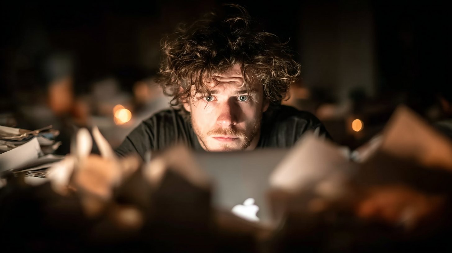 Eine Person vertieft in die Arbeit an einem chaotischen Schreibtisch.