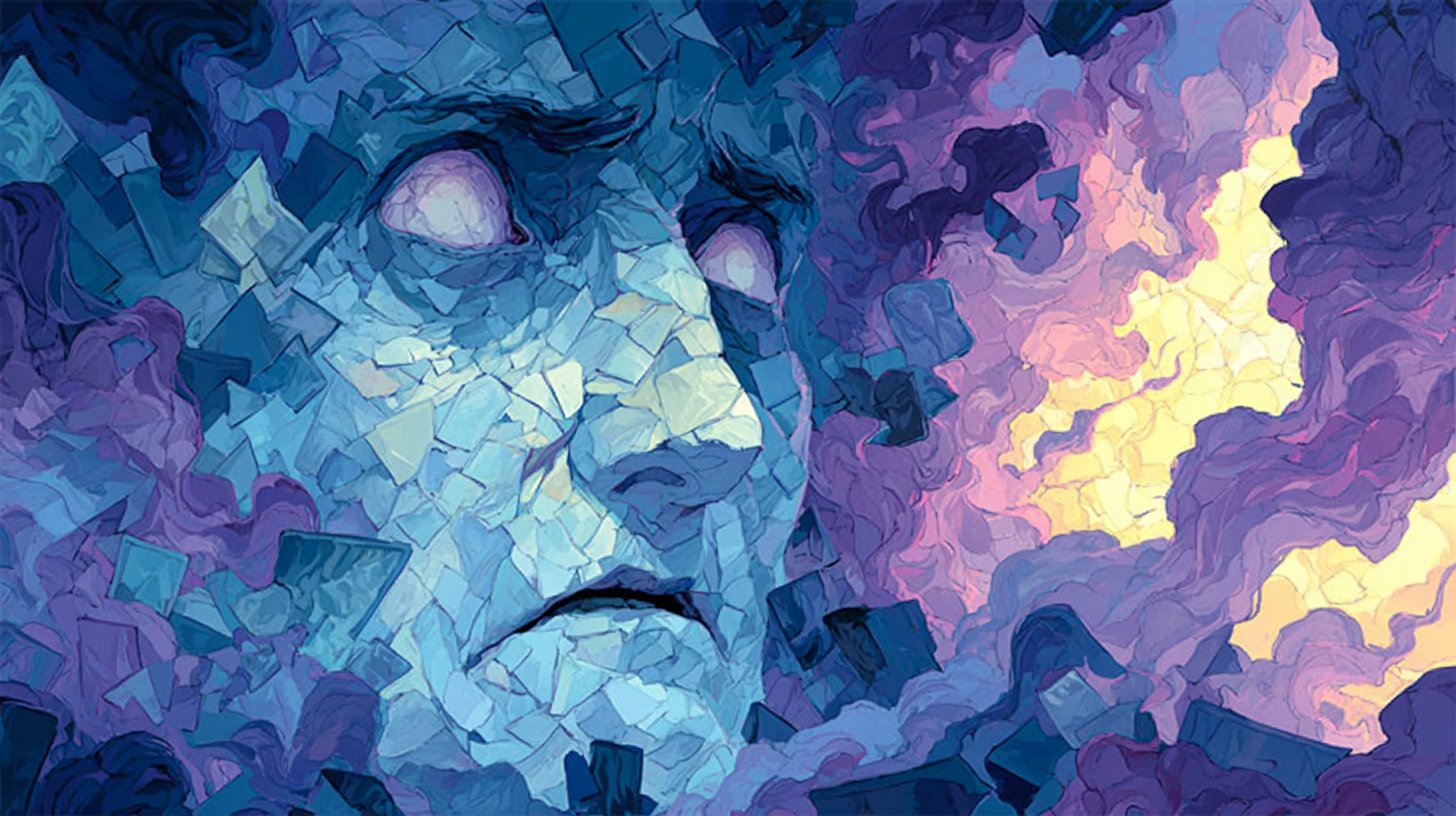 Ein dunkler Raum mit zerbrochenen Spiegeln spiegelt ein besorgtes Gesicht.