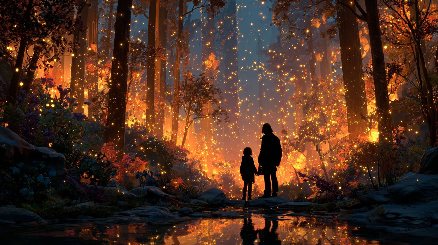 Rencontre magique dans une forêt scintillante.