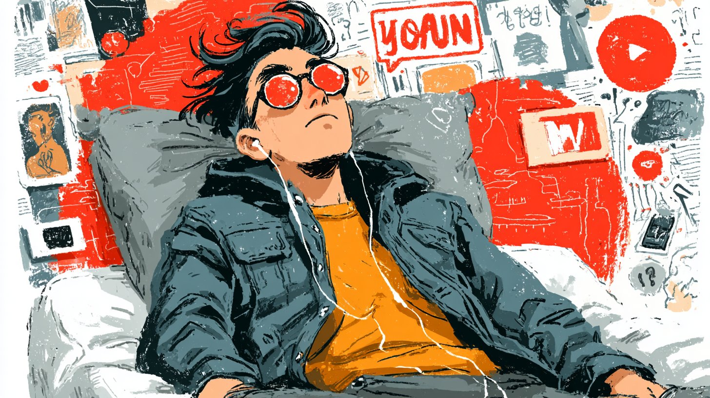 Ein entspannter, doch distanzierter Mann umgeben von Symbolen der Unverbindlichkeit.