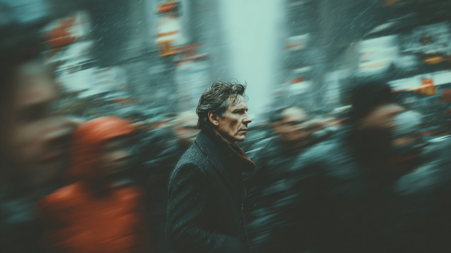 Ein hektischer Stadtblick mit einem Mann, der seine Uhr überprüft.