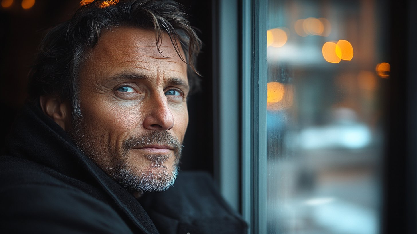 A thoughtful man looking out the window, radiating quiet tension.