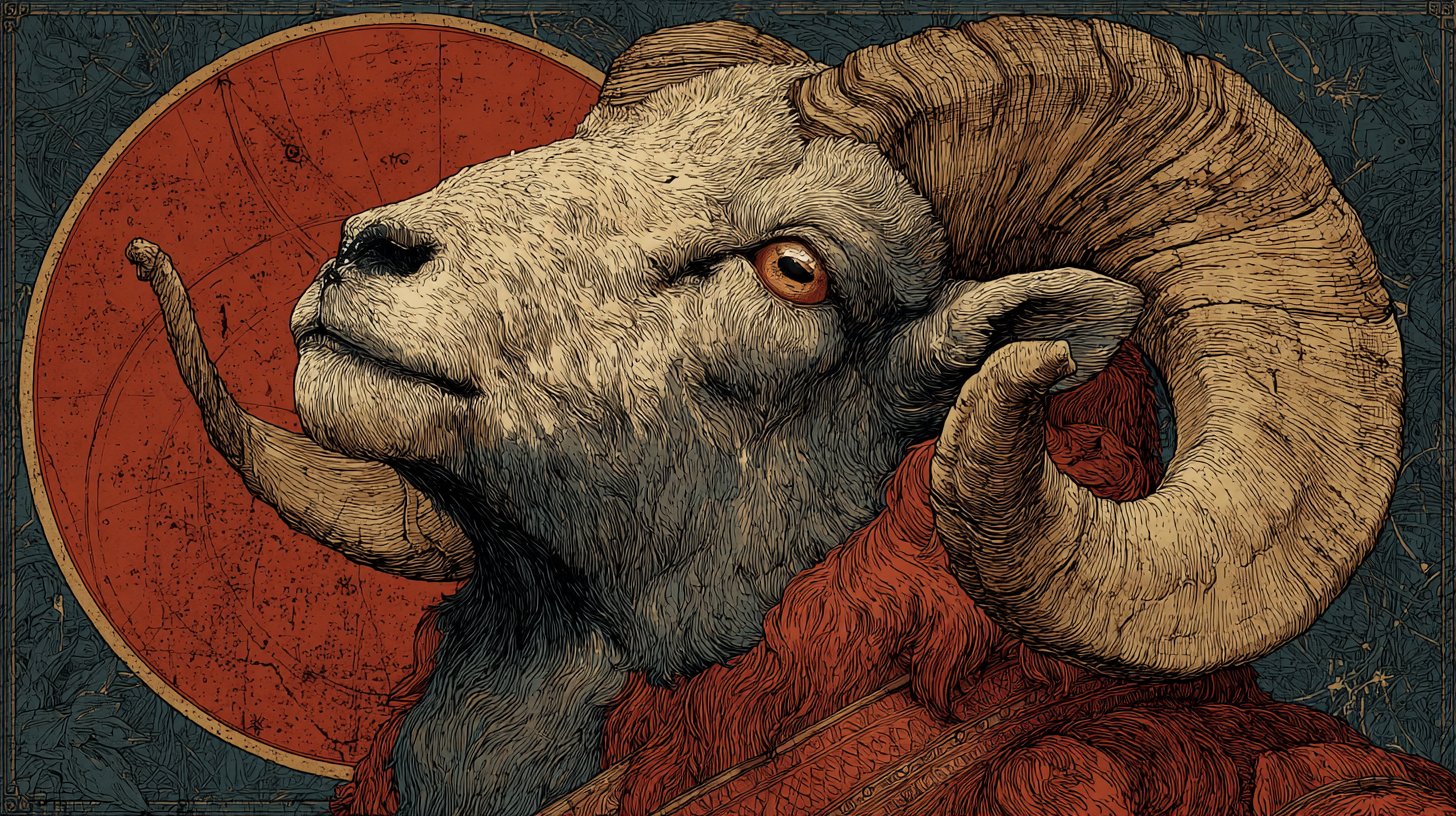 Detailreiche Darstellung des Aries-Zeichens, die seine feurigen Eigenschaften zeigt.