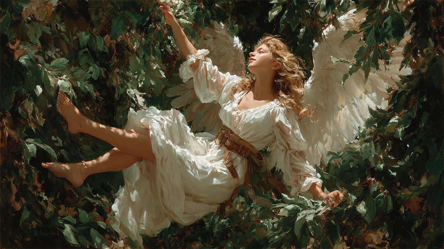 Verzaubernde Darstellung von Engel Ariel, sanft und strahlend, umgeben von Natur.