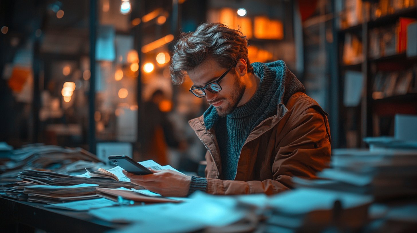 A busy man surrounded by work, showcasing distraction and neglect.