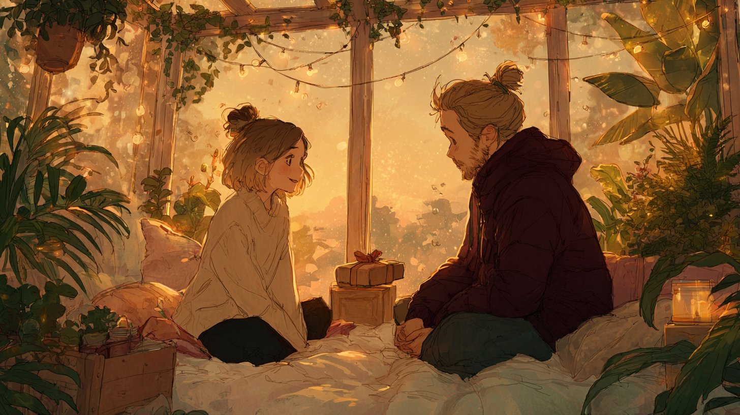 Ein Paar teilt einen zärtlichen Moment mit Geschenken.