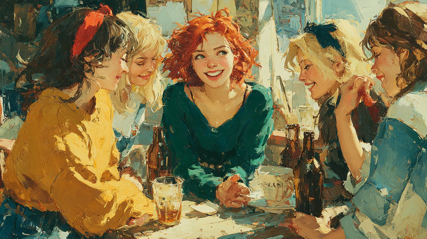 Lachende Freunde in einem Café, erfüllt von Freude und Gemeinschaft.