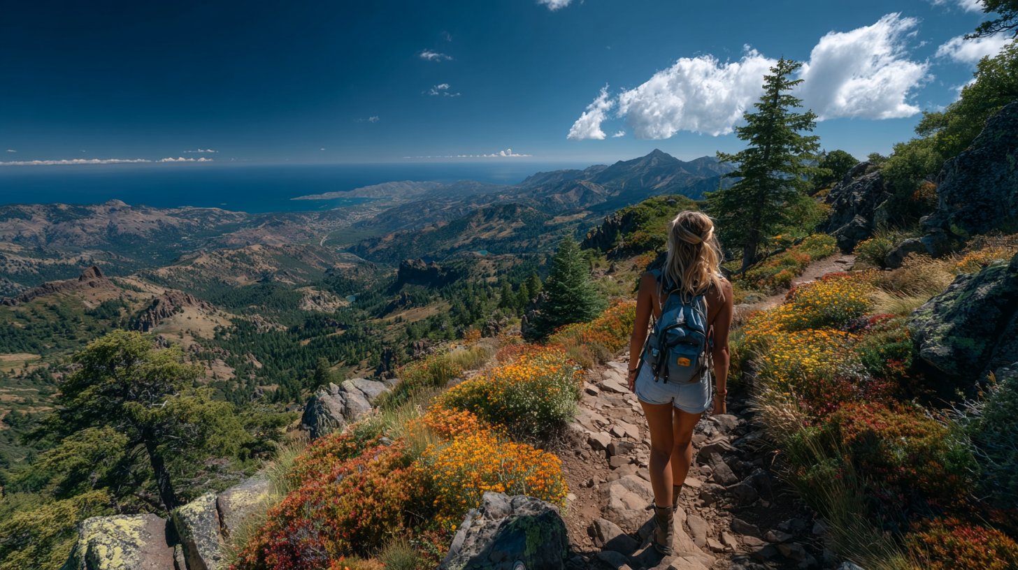 Eine abenteuerlustige Frau beim Wandern, die Unabhängigkeit und Freiheit ausstrahlt.