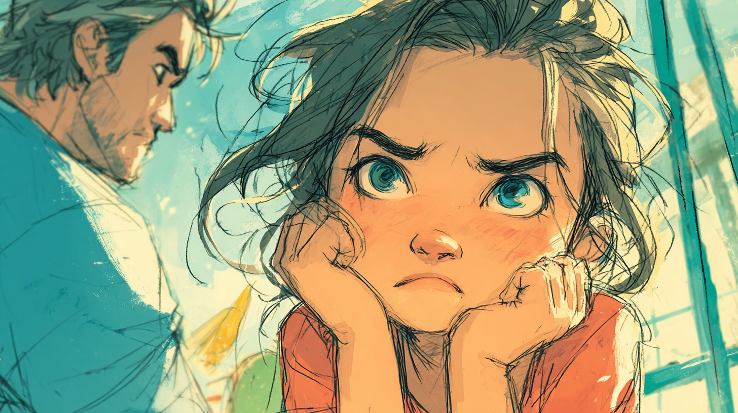 A frustrated child while a hovering parent imposes control.