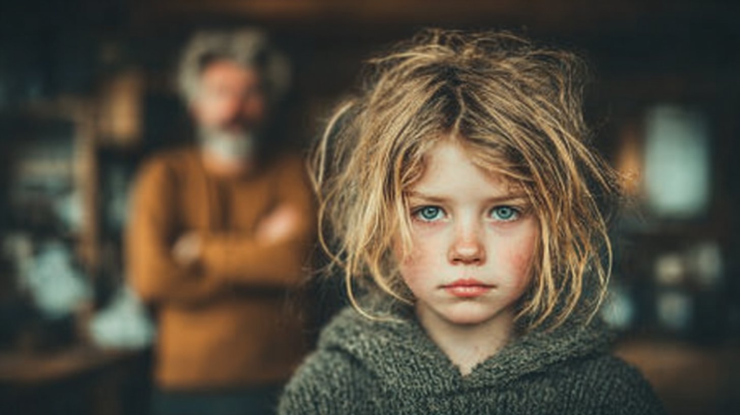 A frowning child with a critical parent in the background.