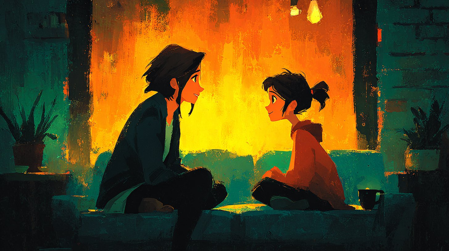 A parent and child sharing a heartfelt conversation on the couch.