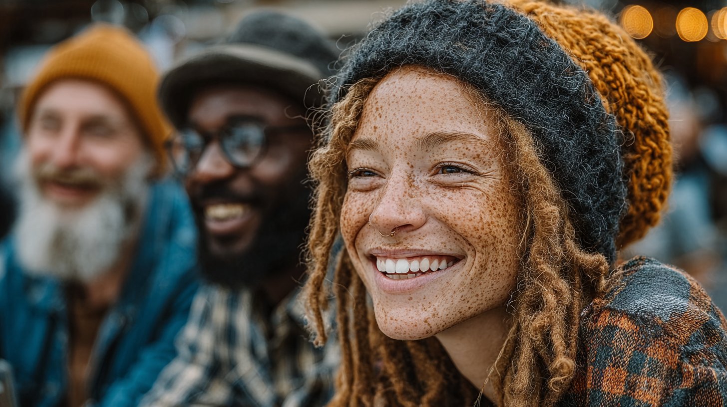 Freunde arbeiten gemeinsam an einem Projekt im Freien.