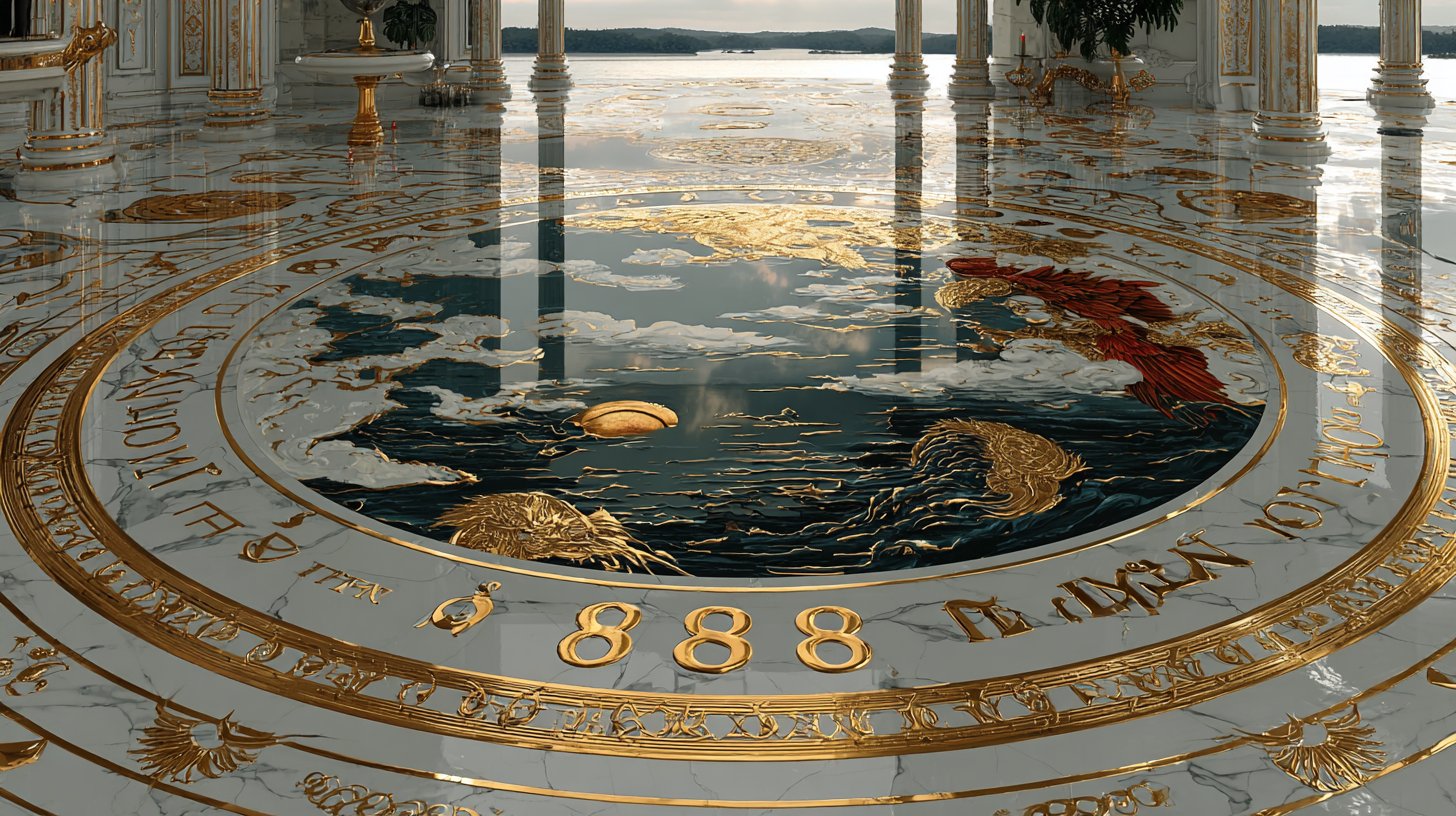 Elegant visualization of number 8888 with gold and silver accents at sunset.