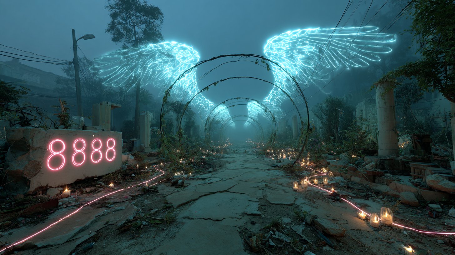 Mystical scene with glowing angelic signs and the number 8888.
