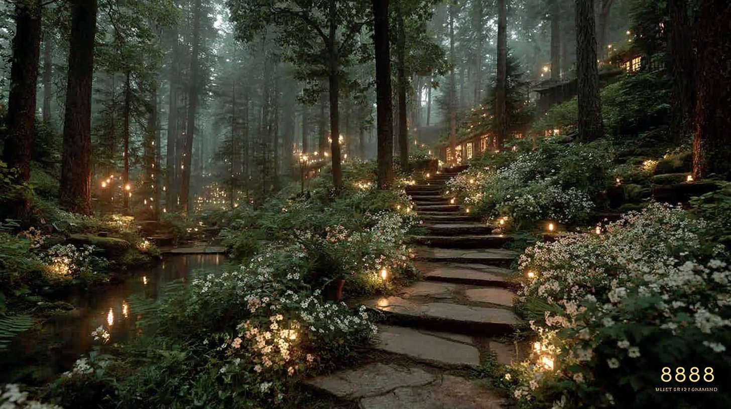 A path through a peaceful forest leading to the number 8888.