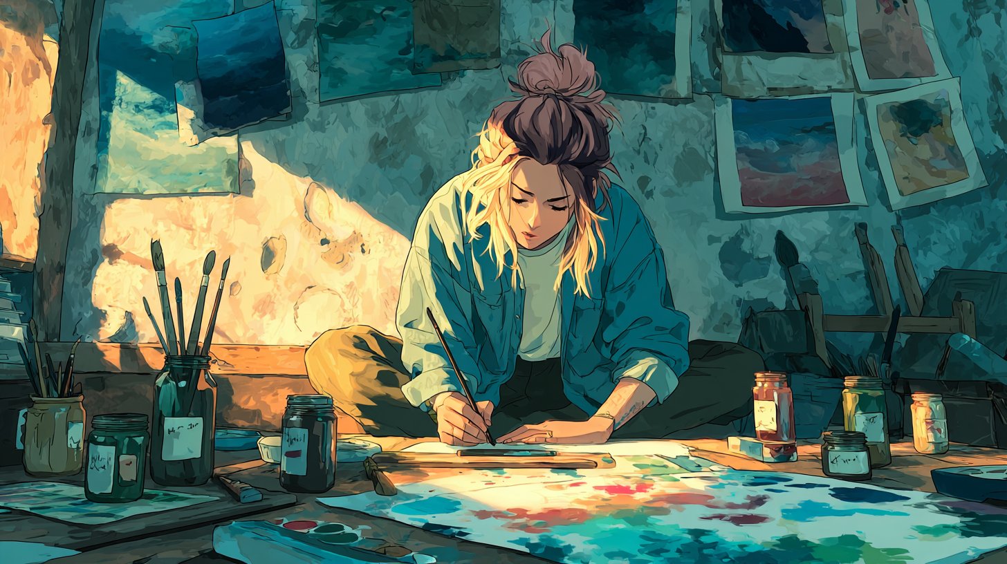 Un artista en una habitación soleada llena de inspiración creativa.