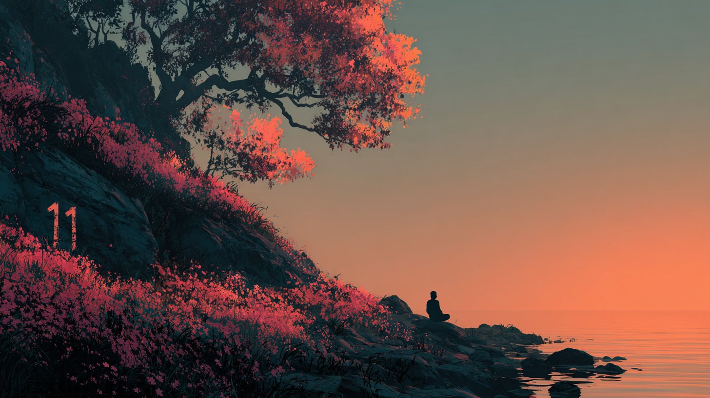 Una scena pacifica di una persona che medita con il numero 111 sullo sfondo.