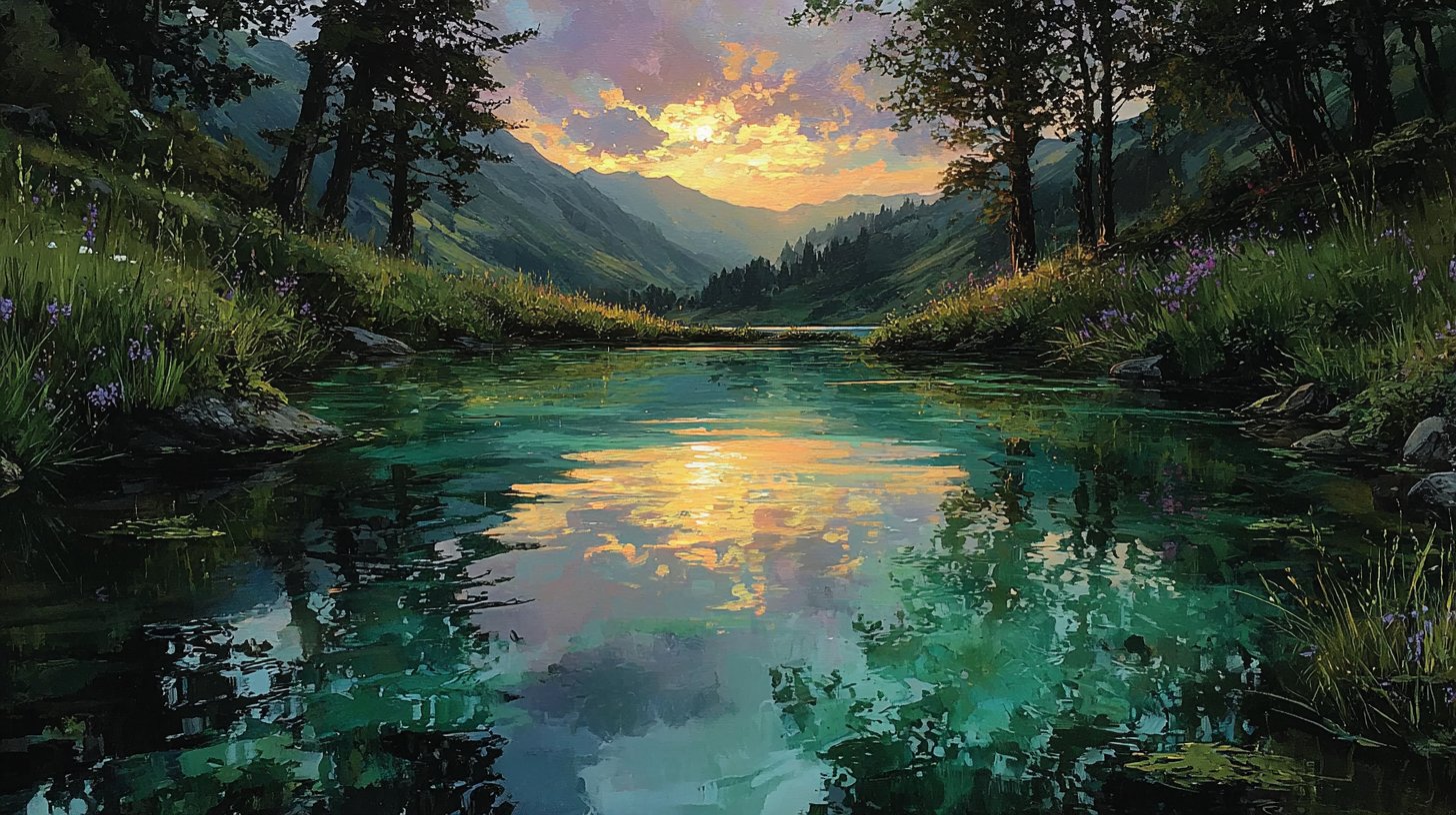 Un paesaggio sereno che riflette il numero 111 in un lago tranquillo al tramonto.