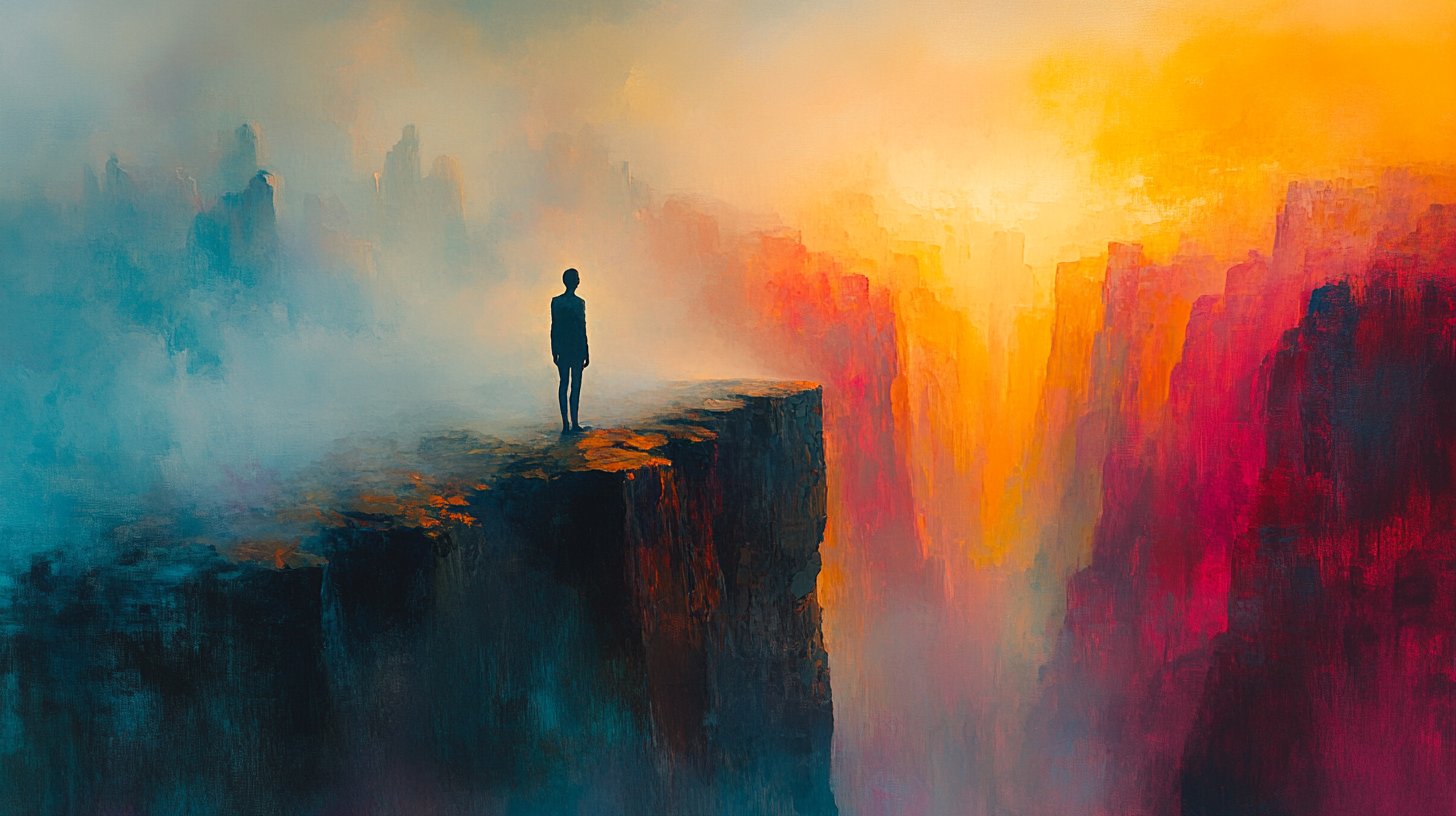 Zwei Figuren stehen unsicher hinter einem nebligen Barrier.