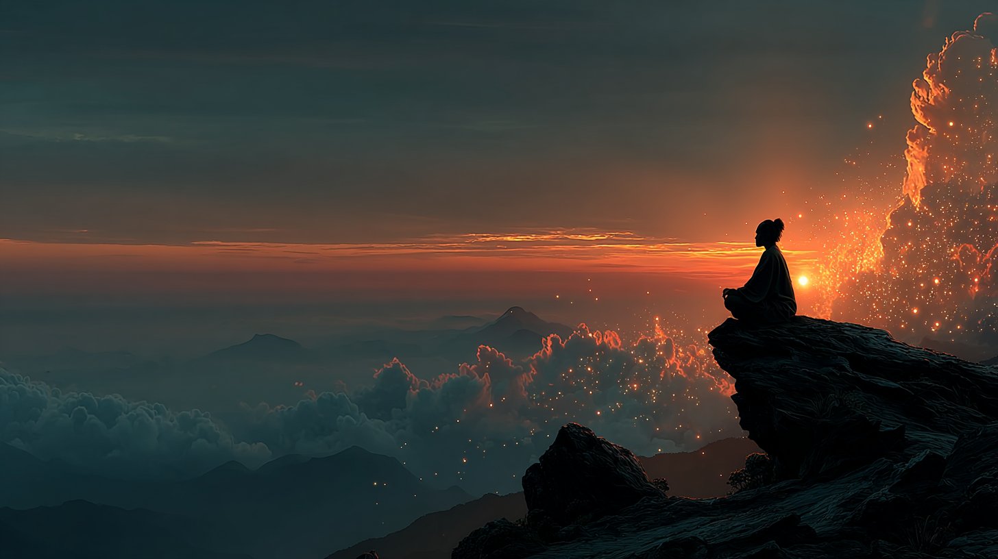 Eine friedliche Person meditiert auf einem Berg.