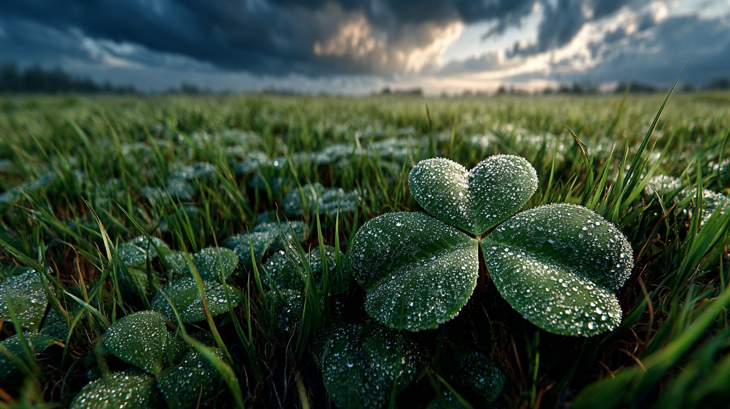 Ein goldenes Kleeblatt auf einem grünen Feld.