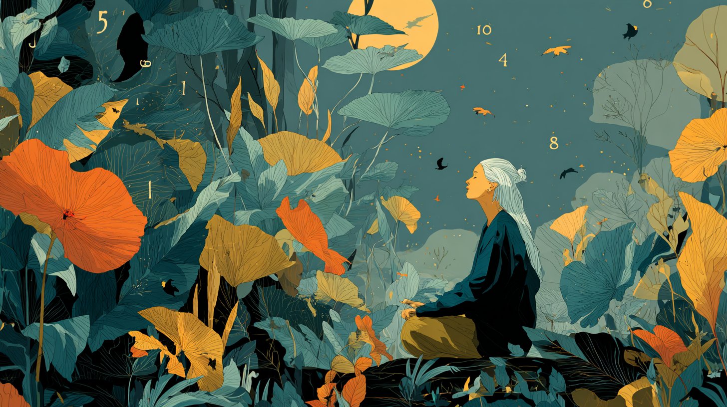 Eine Person meditiert in der Natur, umgeben von Engelzahlen.