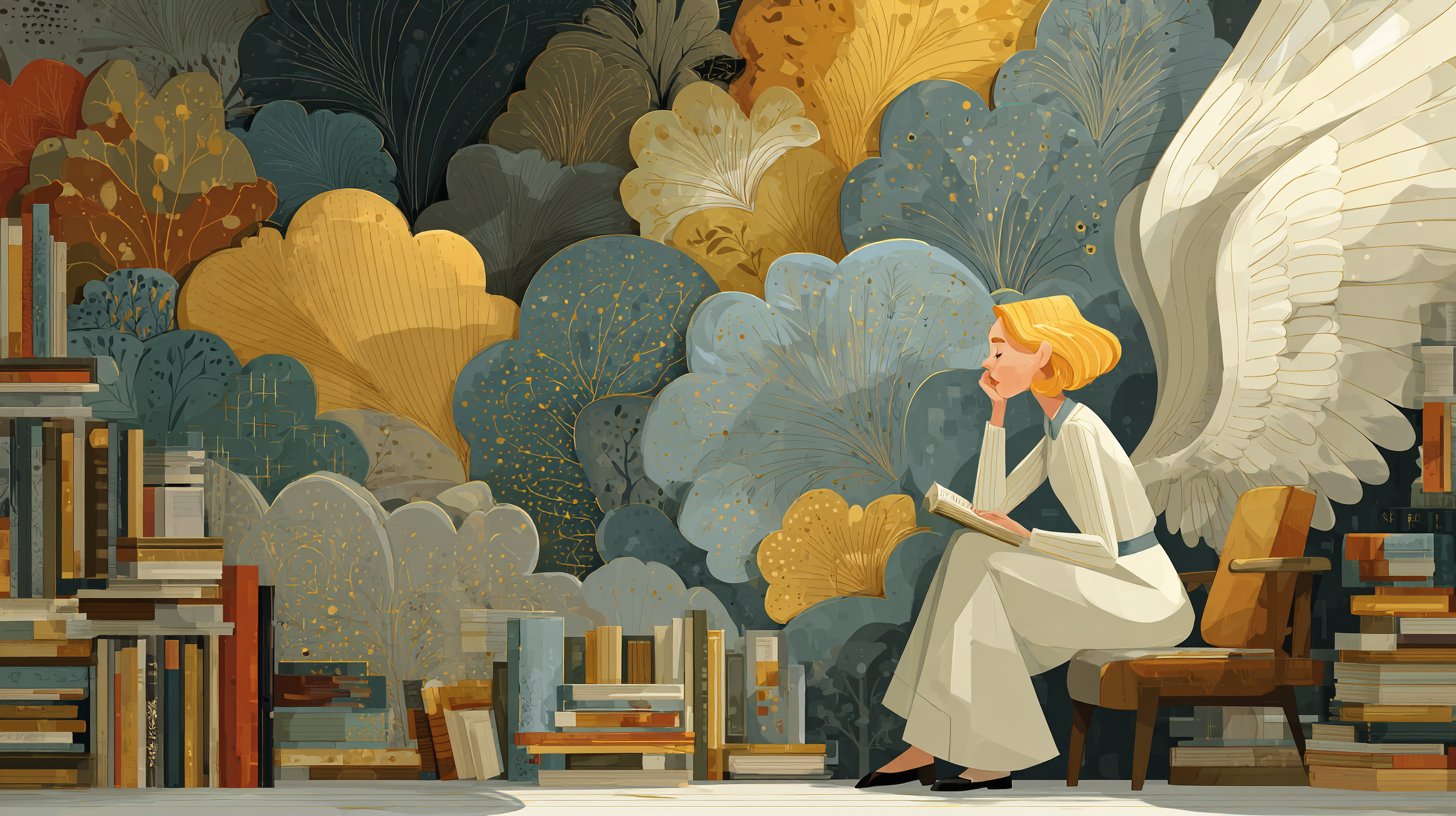 Eine ruhige Bibliothek mit Engelzahlen und nachdenklichen Menschen.