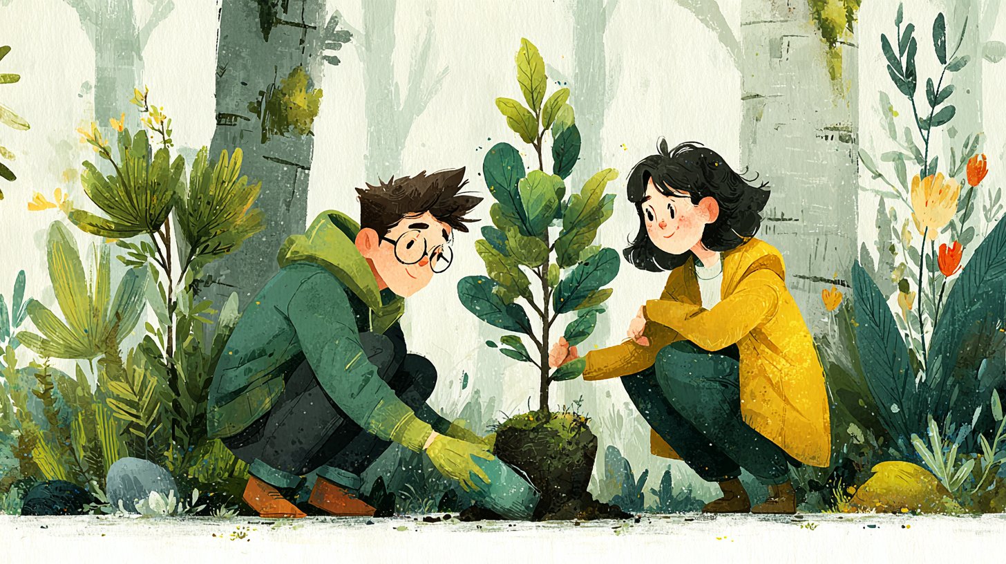 Una pareja planta un árbol juntos.