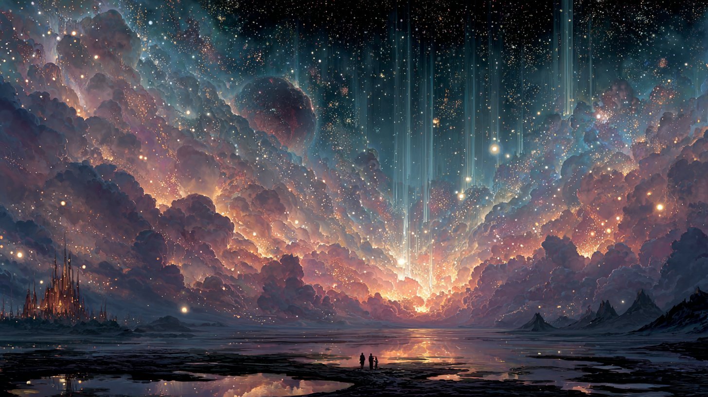 Raggi di luce collegano elementi del cosmo.