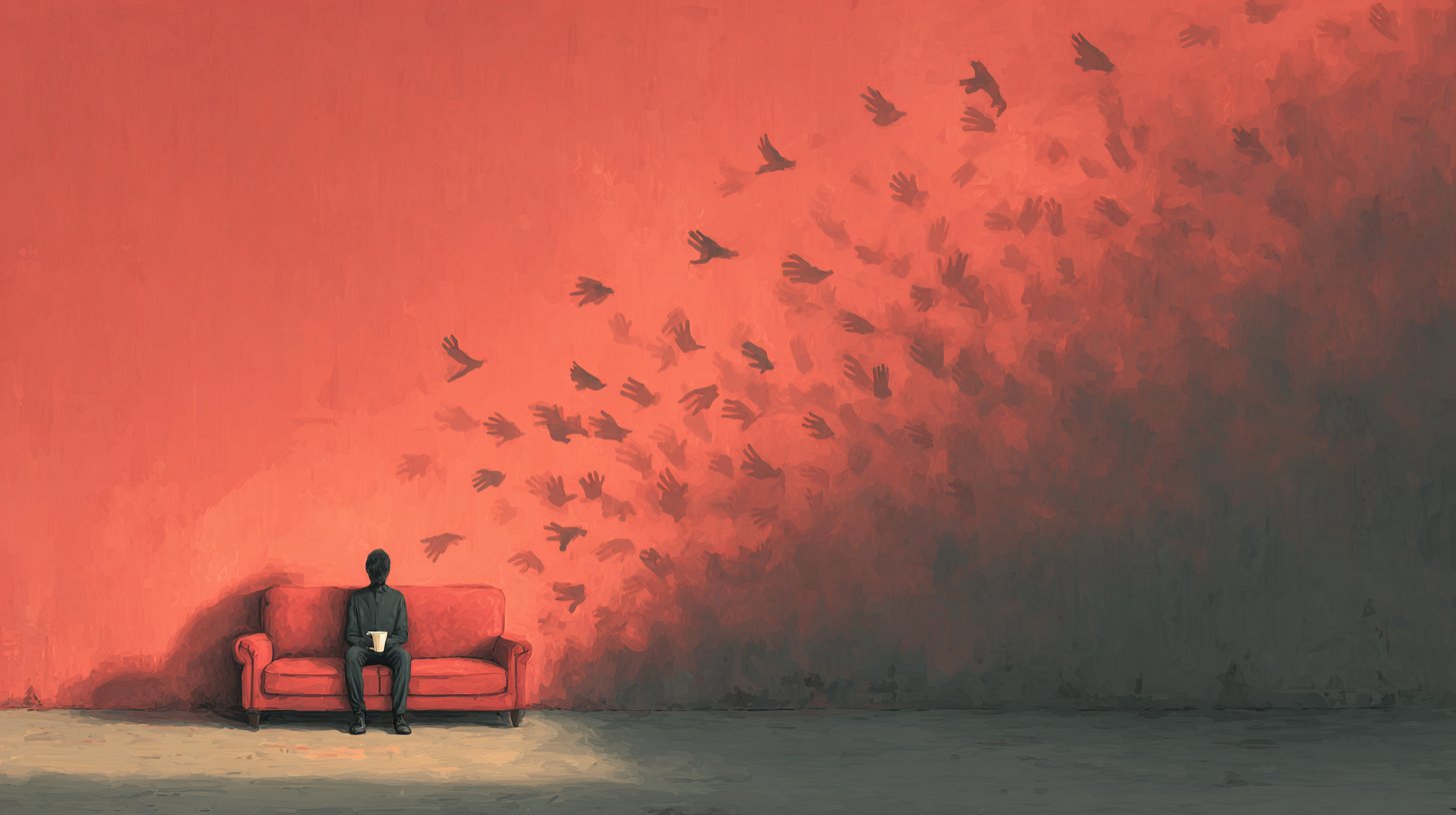 Eine einsame Person auf der Couch, umgeben von Nichterfüllung.