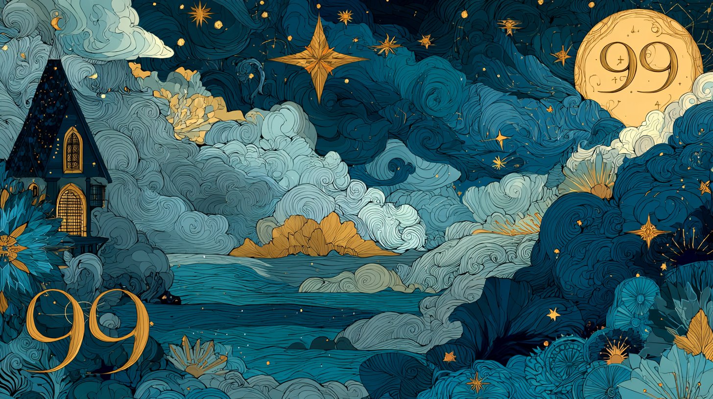 Künstlerische Darstellung der Zahl 99 umgeben von mystischen Symbolen und Sternen.