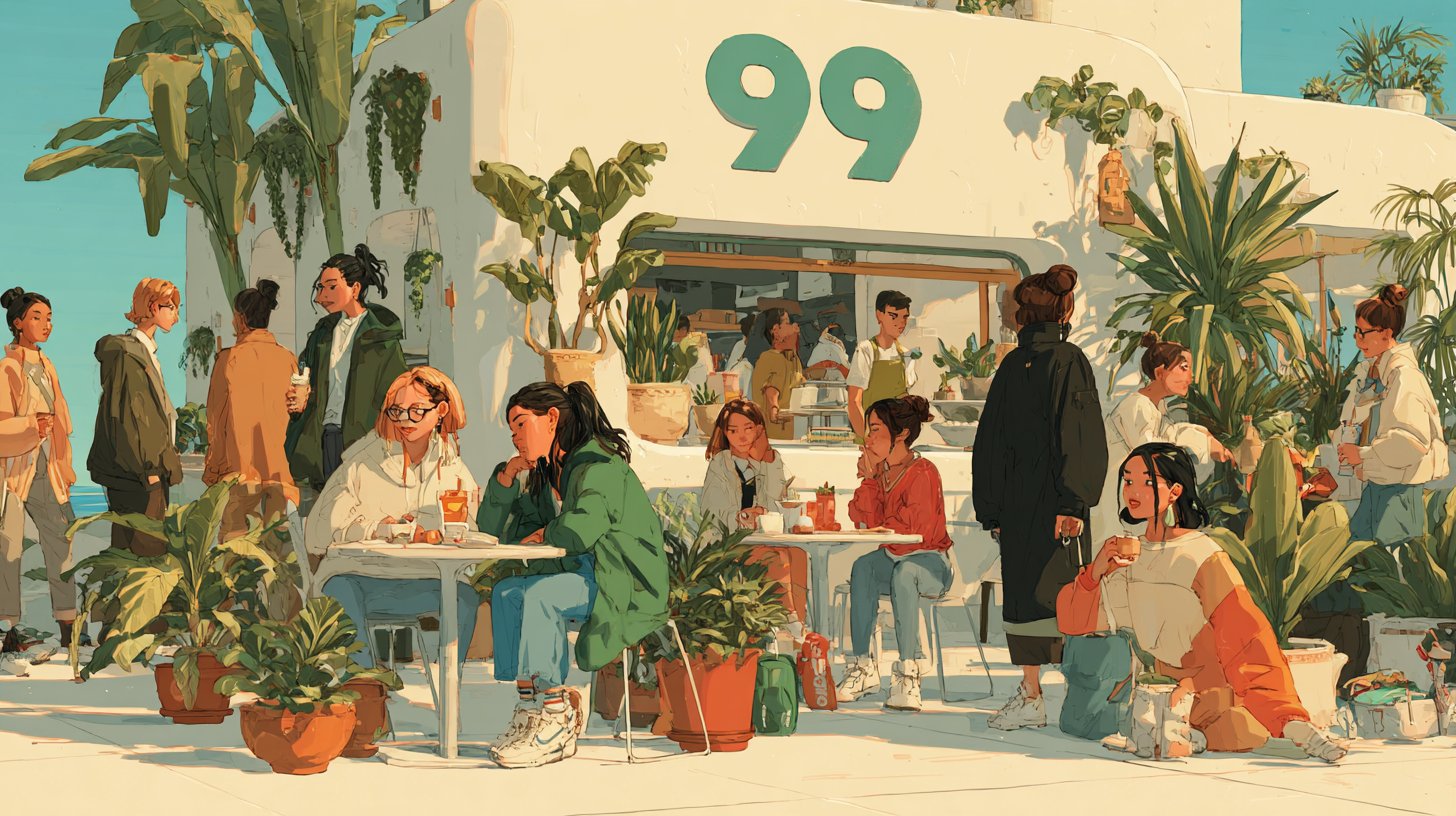 Warmes Alltagsbild mit verschiedenen Menschen, die positive Aktivitäten ausüben, und der Zahl 99 im Hintergrund.