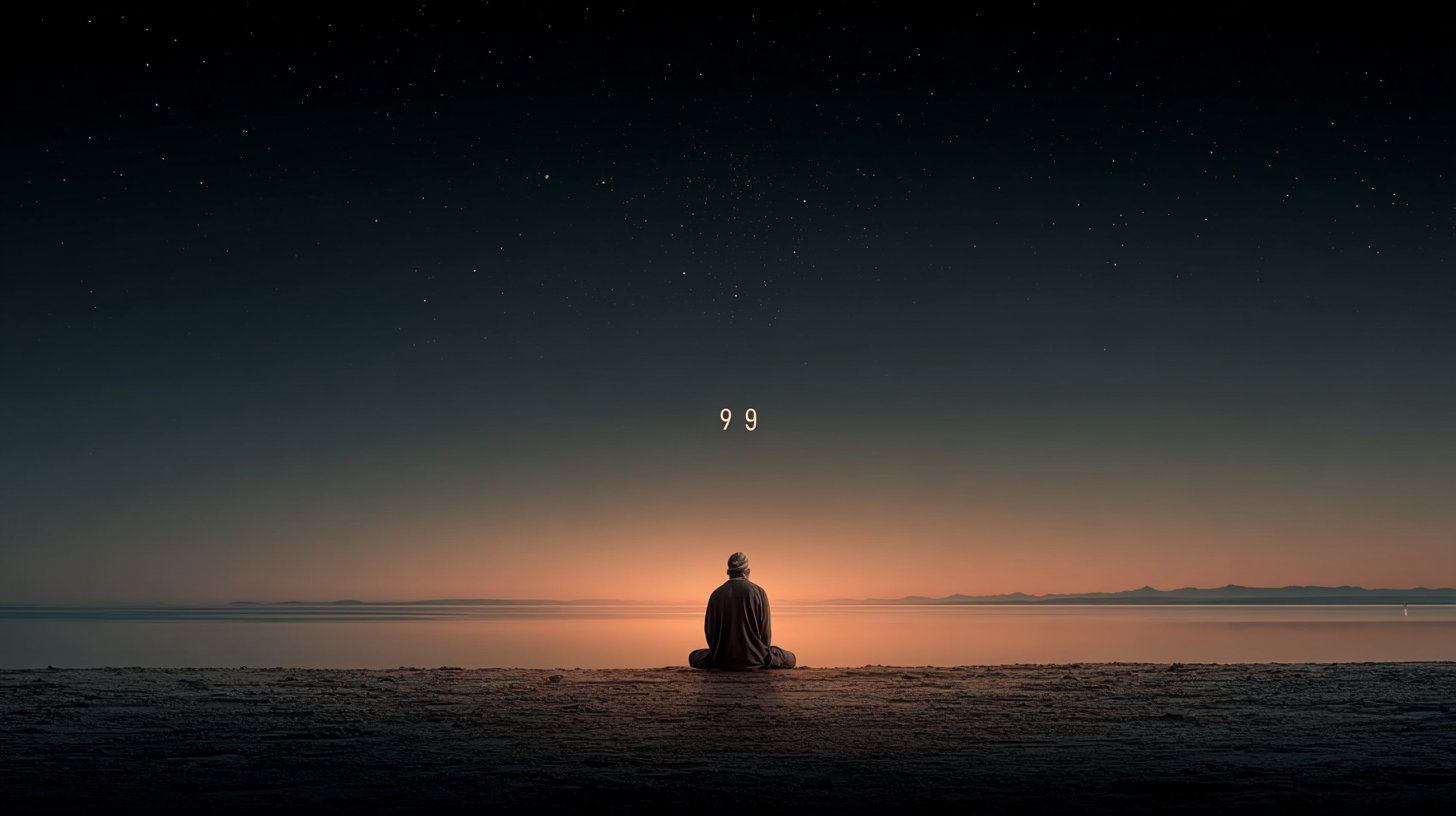 Eine ruhige Szene mit einer Person, die unter einem sternenklaren Himmel meditiert, während die Zahl 99 leuchtet.