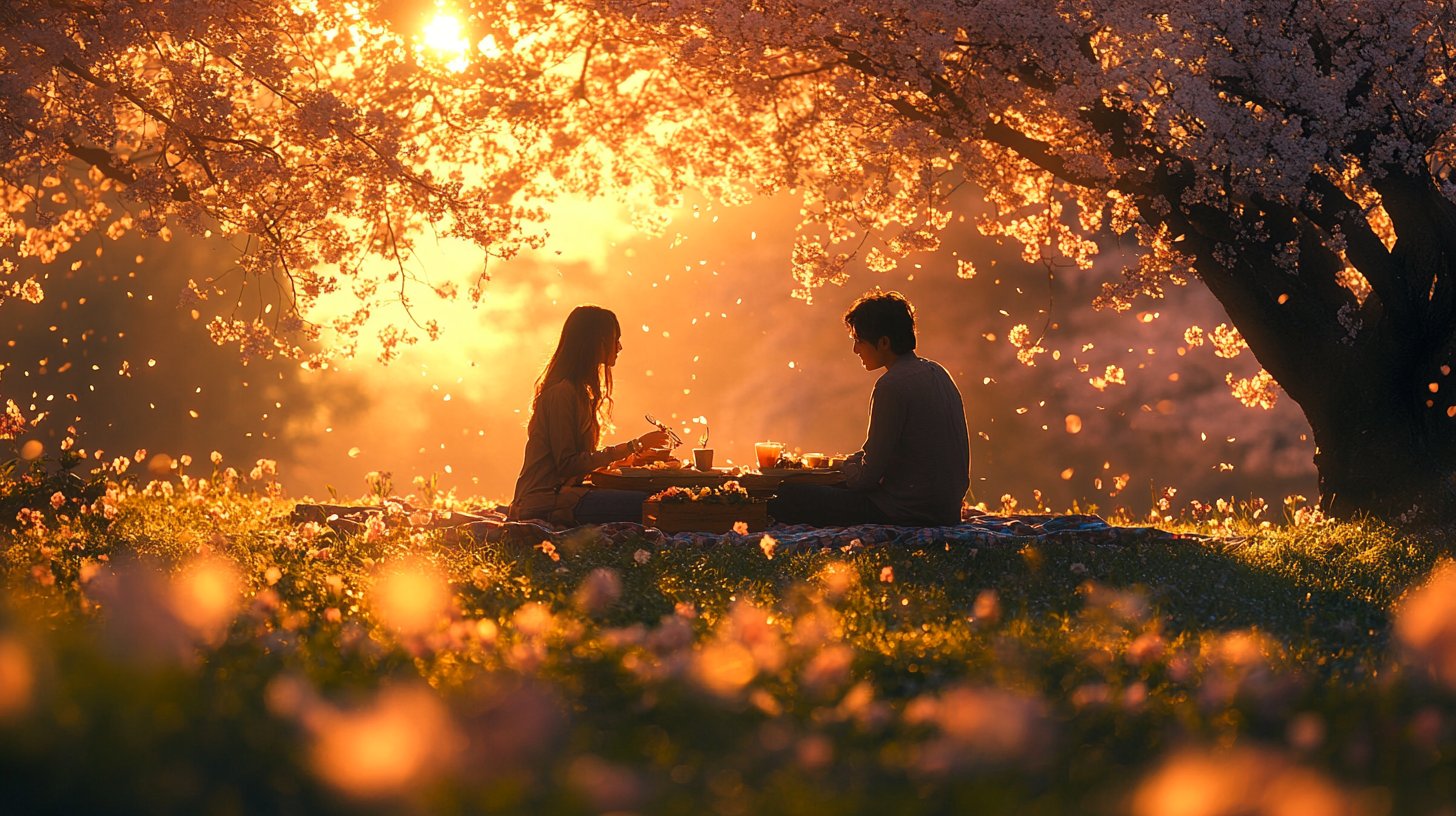 Ein romantisches Picknick im Park, während ein Paar sich in die Augen sieht.