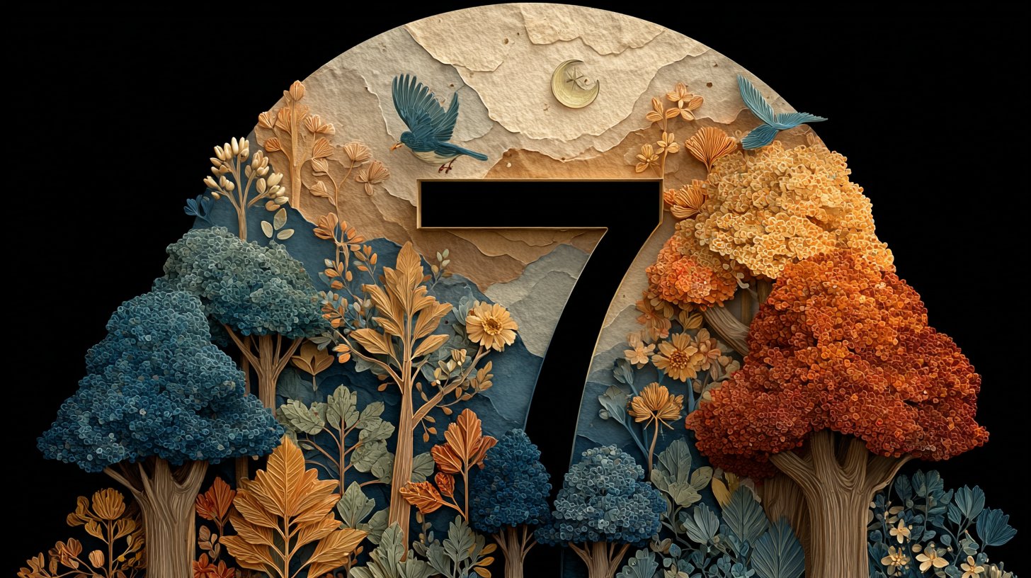 Rappresentazione artistica del numero 7, integrata con la natura, saggezza e crescita.