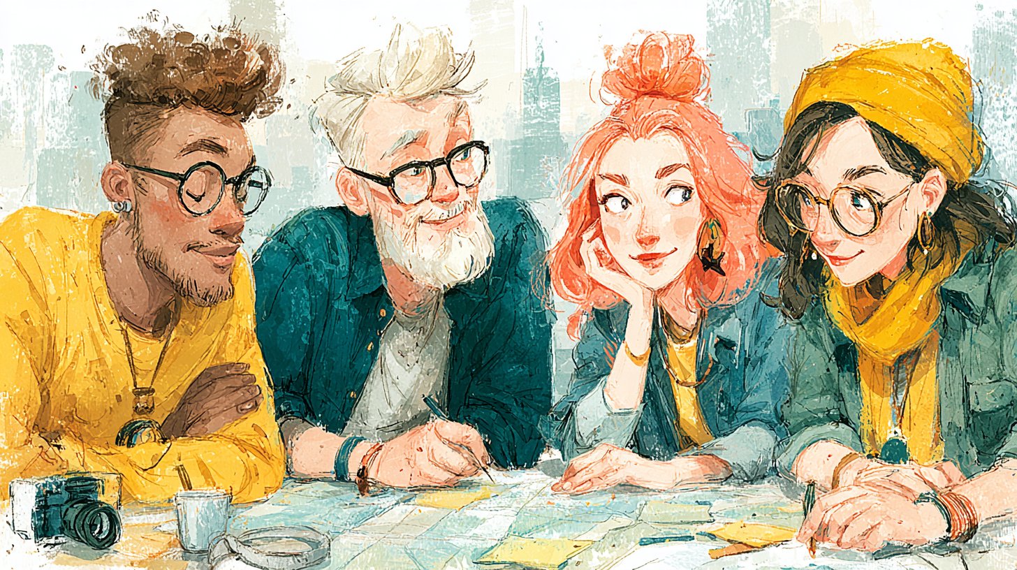 Un groupe divers d'amis planifiant ensemble leurs av adventures.