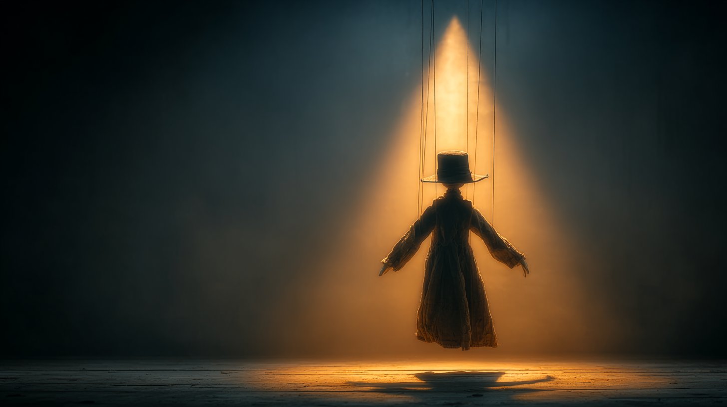 Eine Marionette mit einem dunklen Schatten, der Kontrolle darstellt.