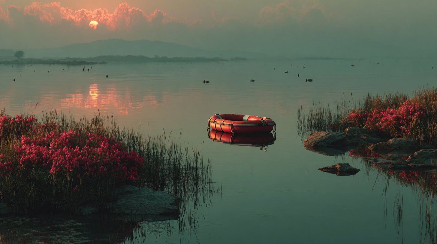 Ein einsames Rettungsring auf ruhigem Wasser.