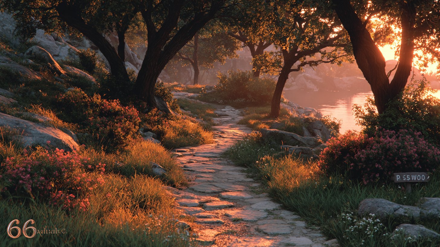 A path through a tranquil forest leading to a sunrise with the number 66.