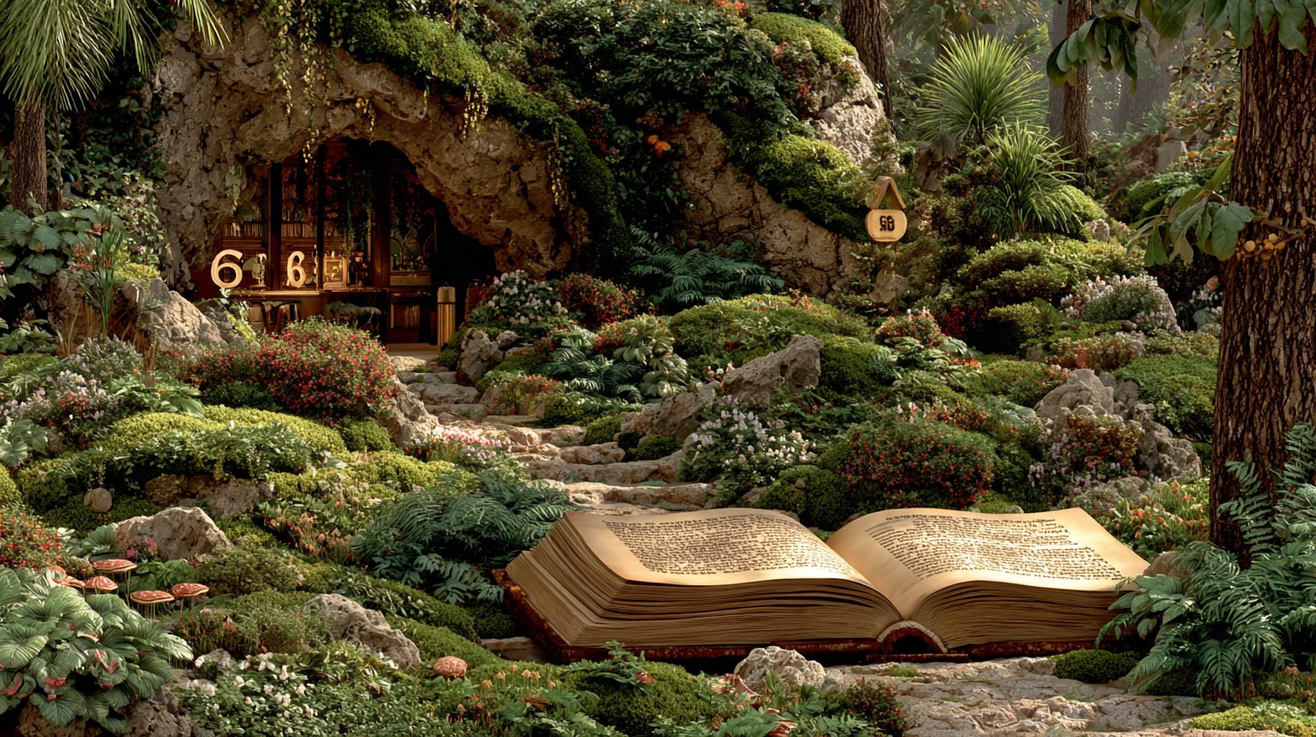 An open book in a garden with the number 66 above, surrounded by nature.