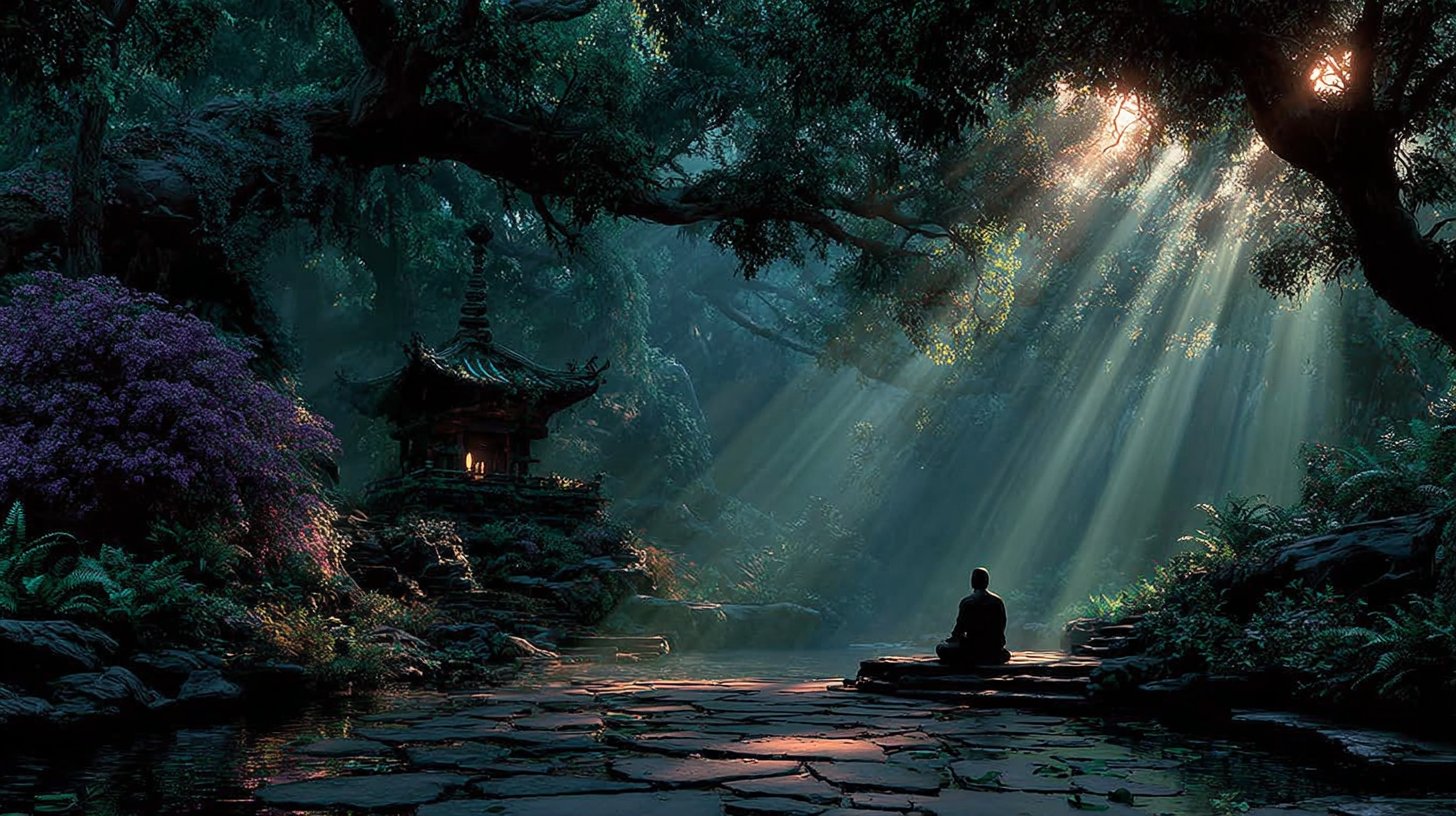 Un momento meditativo en el bosque bañado de sol.