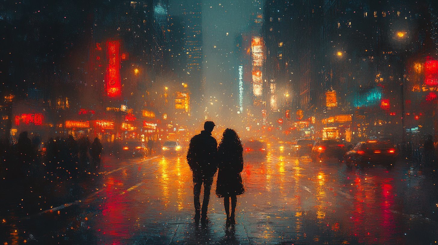 Ein Paar teilt einen bedeutungsvollen Blick auf einer belebten Straße.