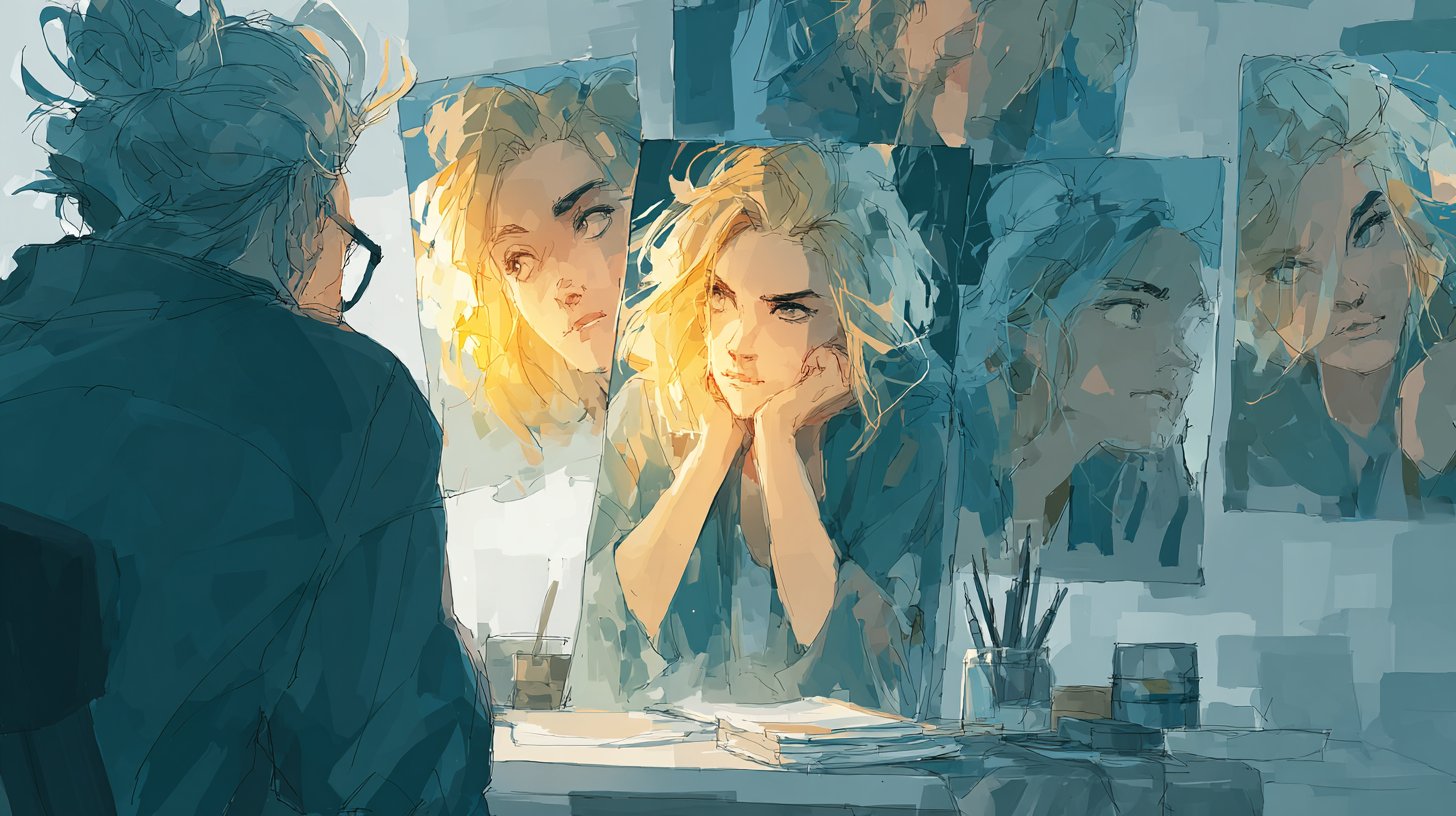 Ein Spiegel zeigt verzerrte Selbstbilder der Selbstabsorption.