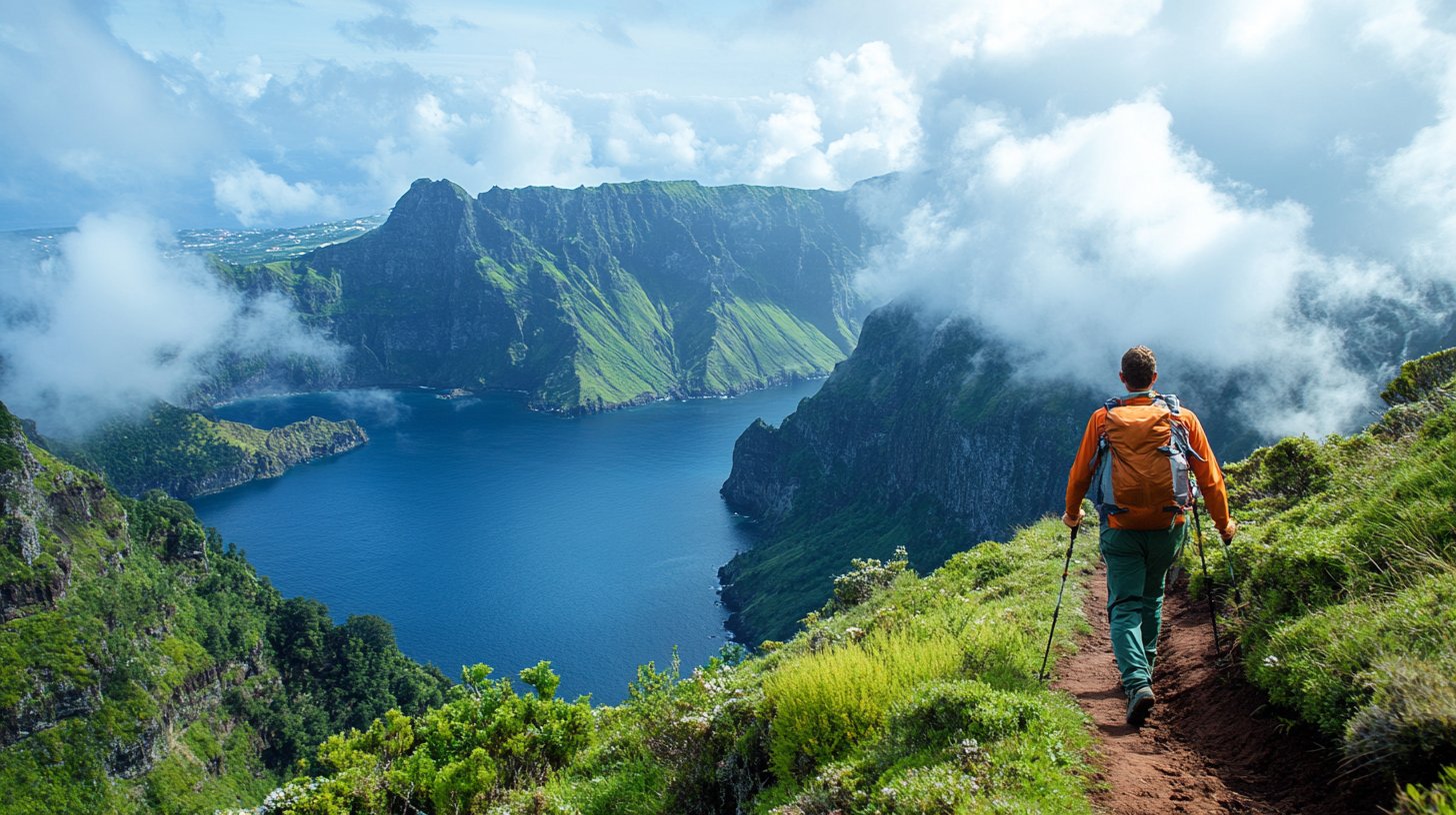Jemand wandert einen atemberaubenden Bergweg entlang.