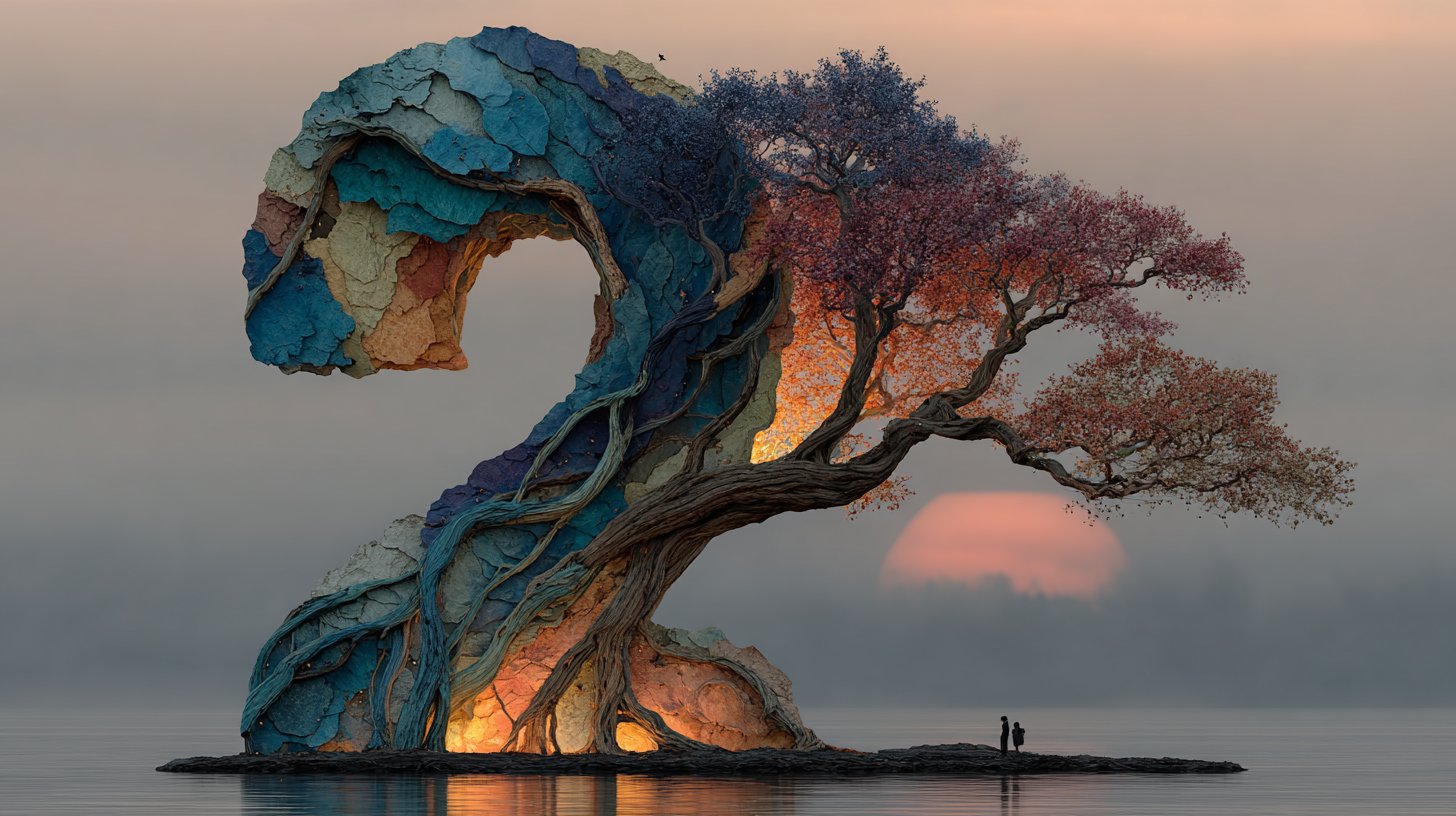 Una representación artística del número 22 formado por árboles entrelazados y ríos, representando armonía.