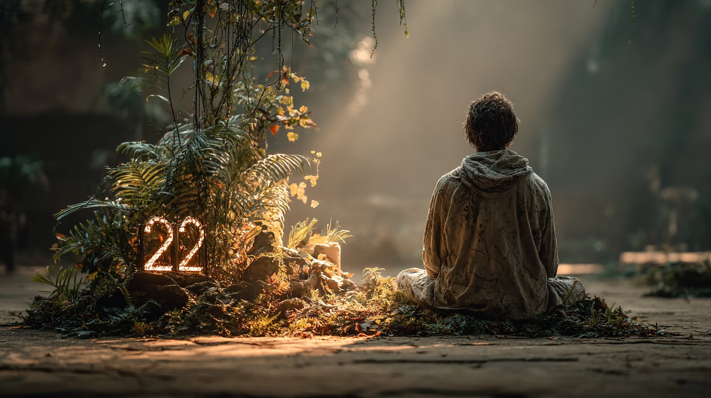 Una persona meditando en la naturaleza, con el número 22 brillando suavemente, simbolizando el empoderamiento.