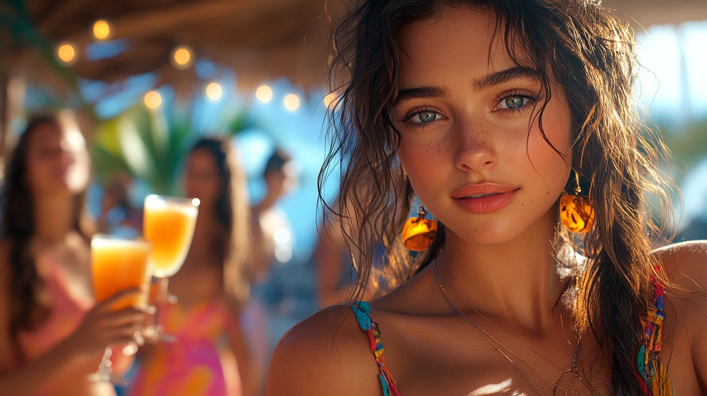 Freunde feiern mit Lachen und flirtenden Blicken auf einer Dachterrasse.